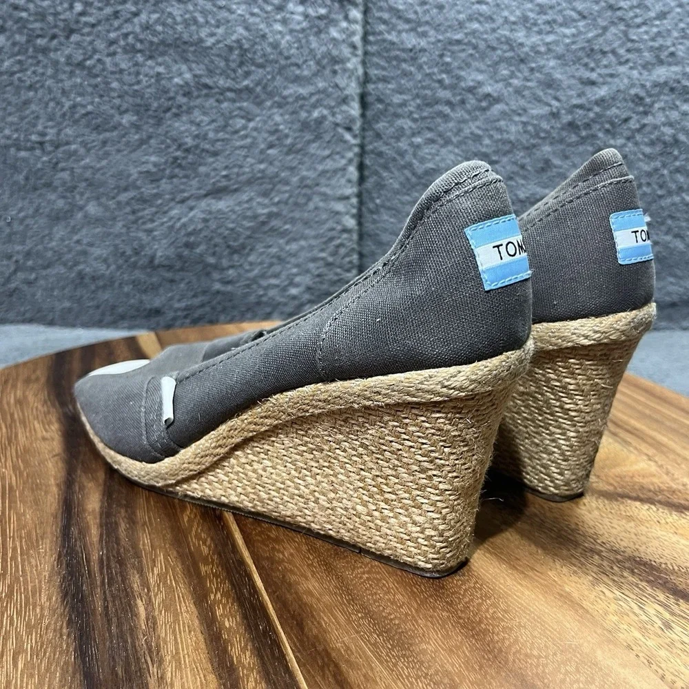 Toms Calypso Espadrille Platform Wedge Brown Canvas Peep Toe‎ Shoes Pumps Size 9